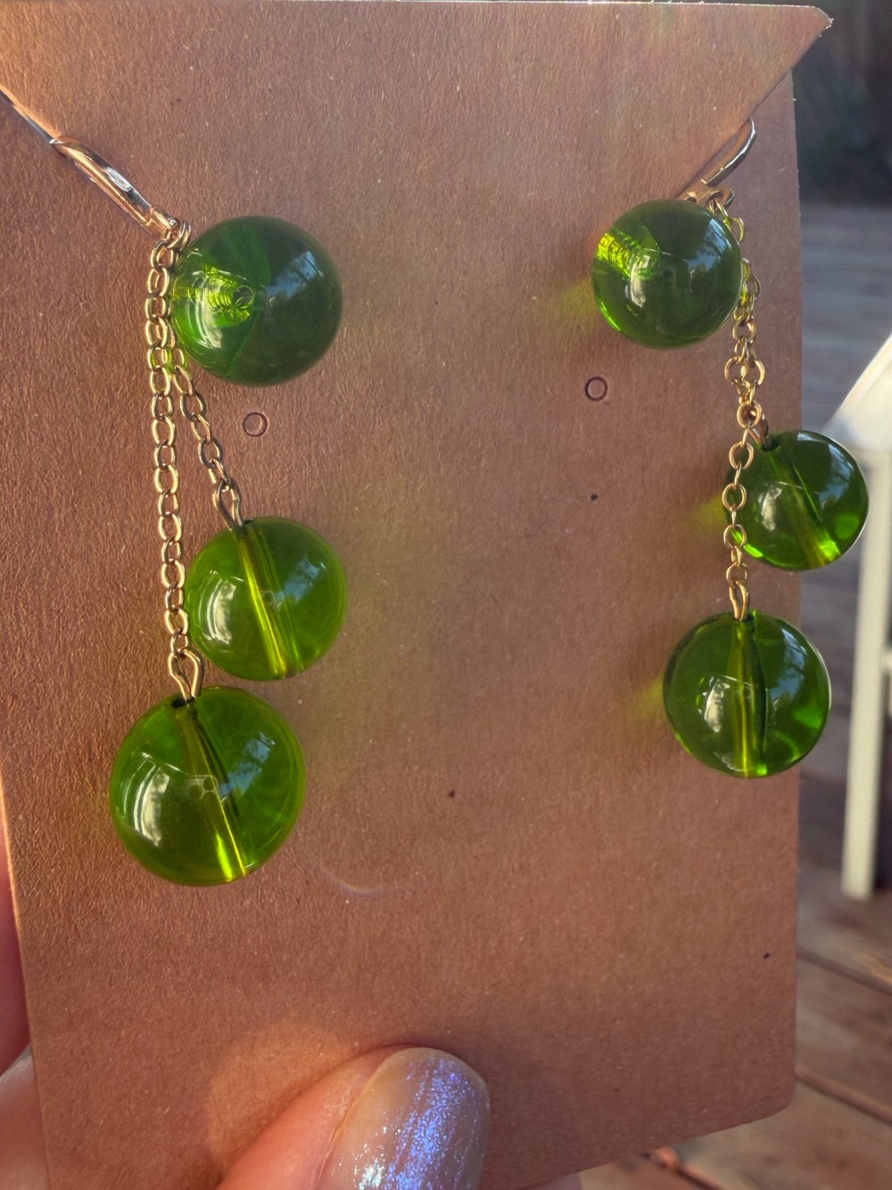 Rare Mystical Green Glass Drop Earrings | Signed Richelieu - Picture 10 of 11
